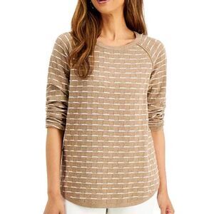 Karen Scott Boxstitch Curved Hem Sweater Women PP Chestnut Heather Tan White NWT